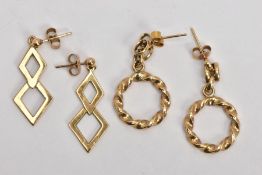 A PAIR OF 9CT GOLD OPEN WORK GEOMETRIC DROP EARRINGS AND TWISTED HOOP DROP EARRINGS, both post and