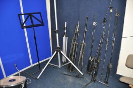 A COLLECTION OF MUSICAL EQUIPMENT STANDS including a pair of aluminium speaker stands max height