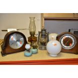 TWO TWENTIETH CENTURY MANTEL CLOCKS, OIL LAMPS AND LAMPSHADES, comprising a Smiths Westminster