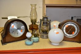 TWO TWENTIETH CENTURY MANTEL CLOCKS, OIL LAMPS AND LAMPSHADES, comprising a Smiths Westminster