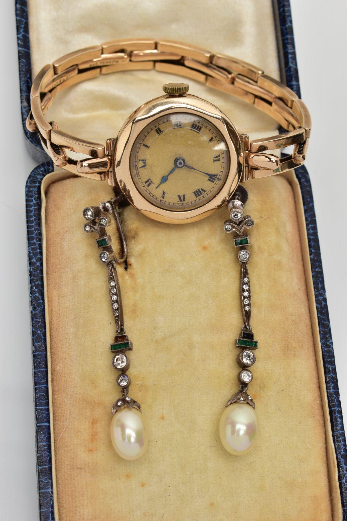 A LADIES 9CT GOLD WRISTWATCH AND A PAIR OF DROP EARRINGS, the watch with a hand wound movement, - Image 2 of 4