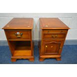 A PAIR OF YEW WOOD BEDSIDE CABINETS, one with a single drawer, the other with a brushing slide,