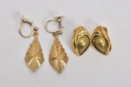 TWO PAIRS OF YELLOW METAL DROP EARRINGS, the first a pair of non-pierced diamond shaped textured