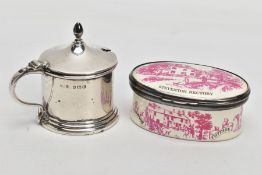 A SILVER MUSTARD AND AN ENAMEL 'HALYCON DAYS' TRINKET, the mustard of a plain polished design,