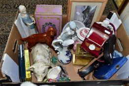 A BOX OF CERAMICS, GLASS, BOXED ROTARY WATCH, ROYAL COMMEMORATIVE CUPRO NICKEL CROWNS, FRAMED PRINT,