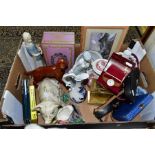 A BOX OF CERAMICS, GLASS, BOXED ROTARY WATCH, ROYAL COMMEMORATIVE CUPRO NICKEL CROWNS, FRAMED PRINT,