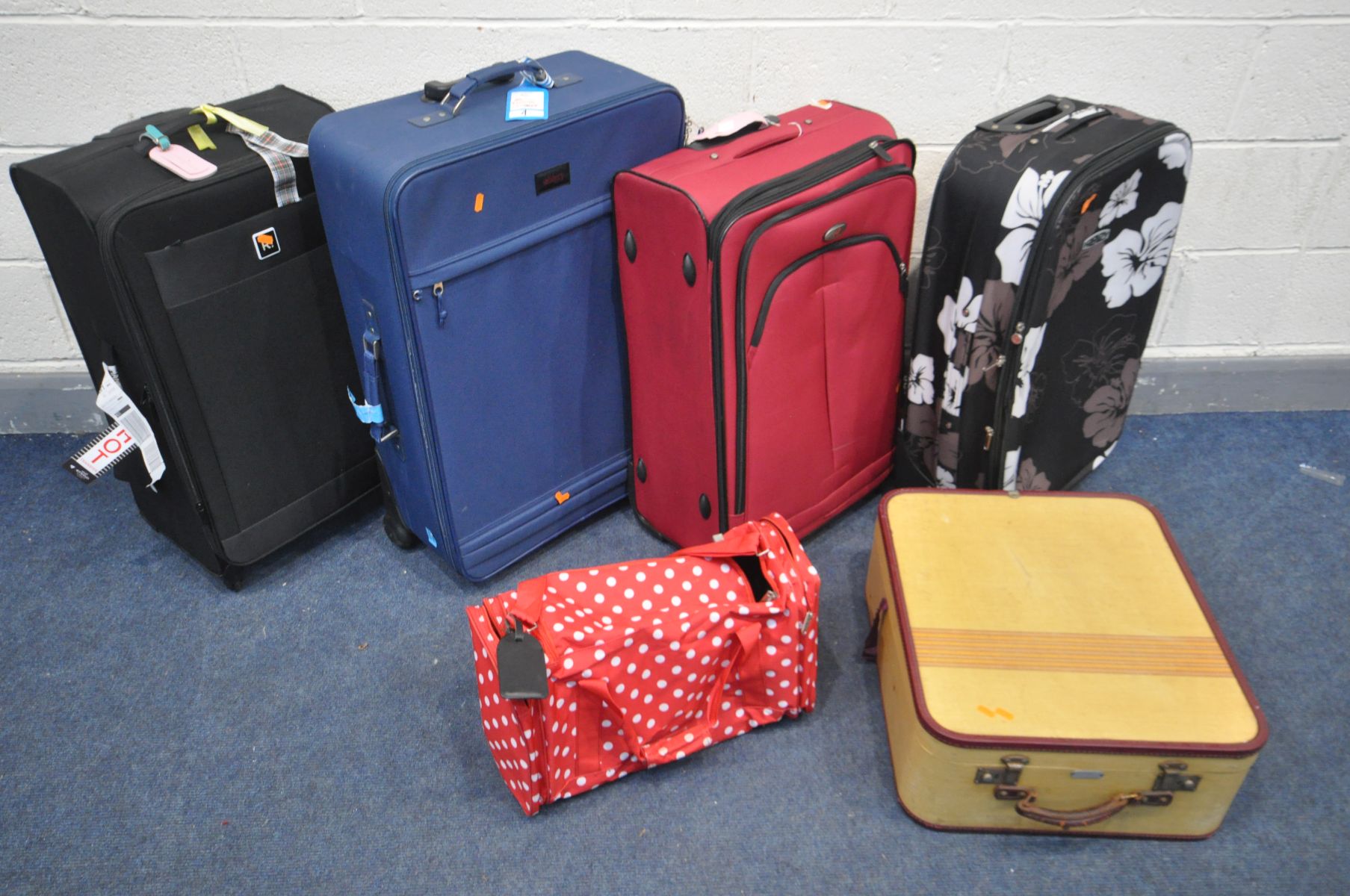 SIX VARIOUS SUITCASES, including a mid-century suitcase, labelled Airport lightweight luggage