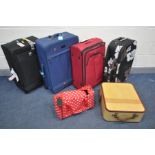 SIX VARIOUS SUITCASES, including a mid-century suitcase, labelled Airport lightweight luggage