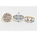 THREE 9CT GOLD GEM SET RINGS, the first designed as a central oval rose quartz flanked by oval