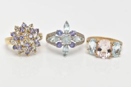 THREE 9CT GOLD GEM SET RINGS, the first designed as a central oval rose quartz flanked by oval