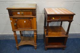 AN EARLY 20TH CENTURY FRENCH PINE POT CUPBOARD with a marble top, single drawer and door, width 41cm