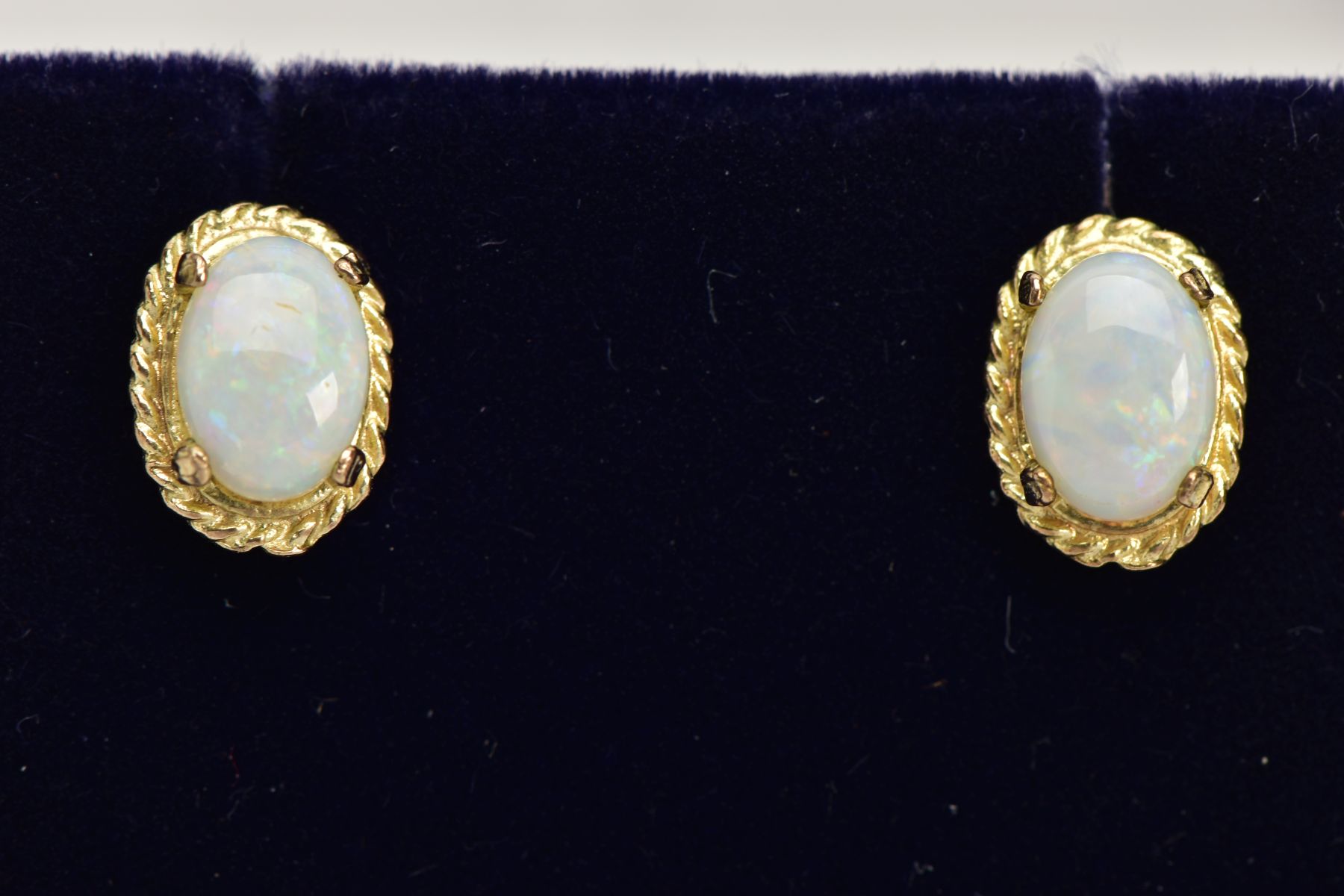 TWO PAIRS OF OPAL EARRINGS, the first of an oval design, set with an oval opal cabochon, within a - Image 3 of 3