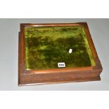 A LATE VICTORIAN OAK TABLE TOP DISPLAY CASE, glazed hinged top, with further hinged section to the