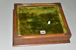 A LATE VICTORIAN OAK TABLE TOP DISPLAY CASE, glazed hinged top, with further hinged section to the