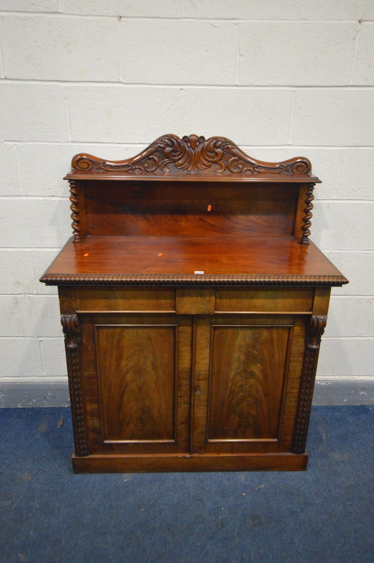 A VICTORIAN FLAME MAHOGANY CHIFFONIER, with a foliate carved raised back supported by barley twist - Image 2 of 4