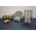 A VINTAGE FOLDING DECK CHAIR, with stripped seat, along with a Lloyd loom basket chair, elm stool