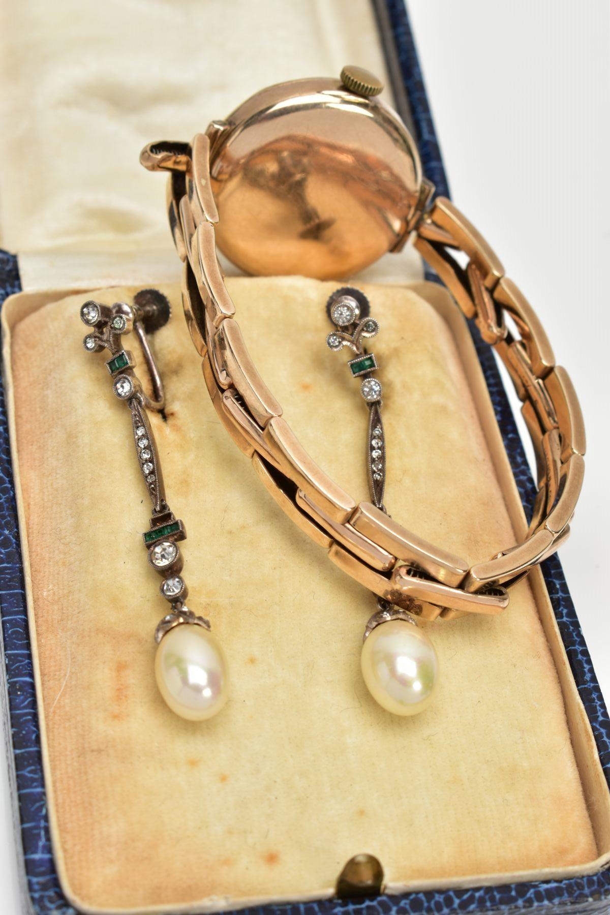 A LADIES 9CT GOLD WRISTWATCH AND A PAIR OF DROP EARRINGS, the watch with a hand wound movement, - Image 3 of 4
