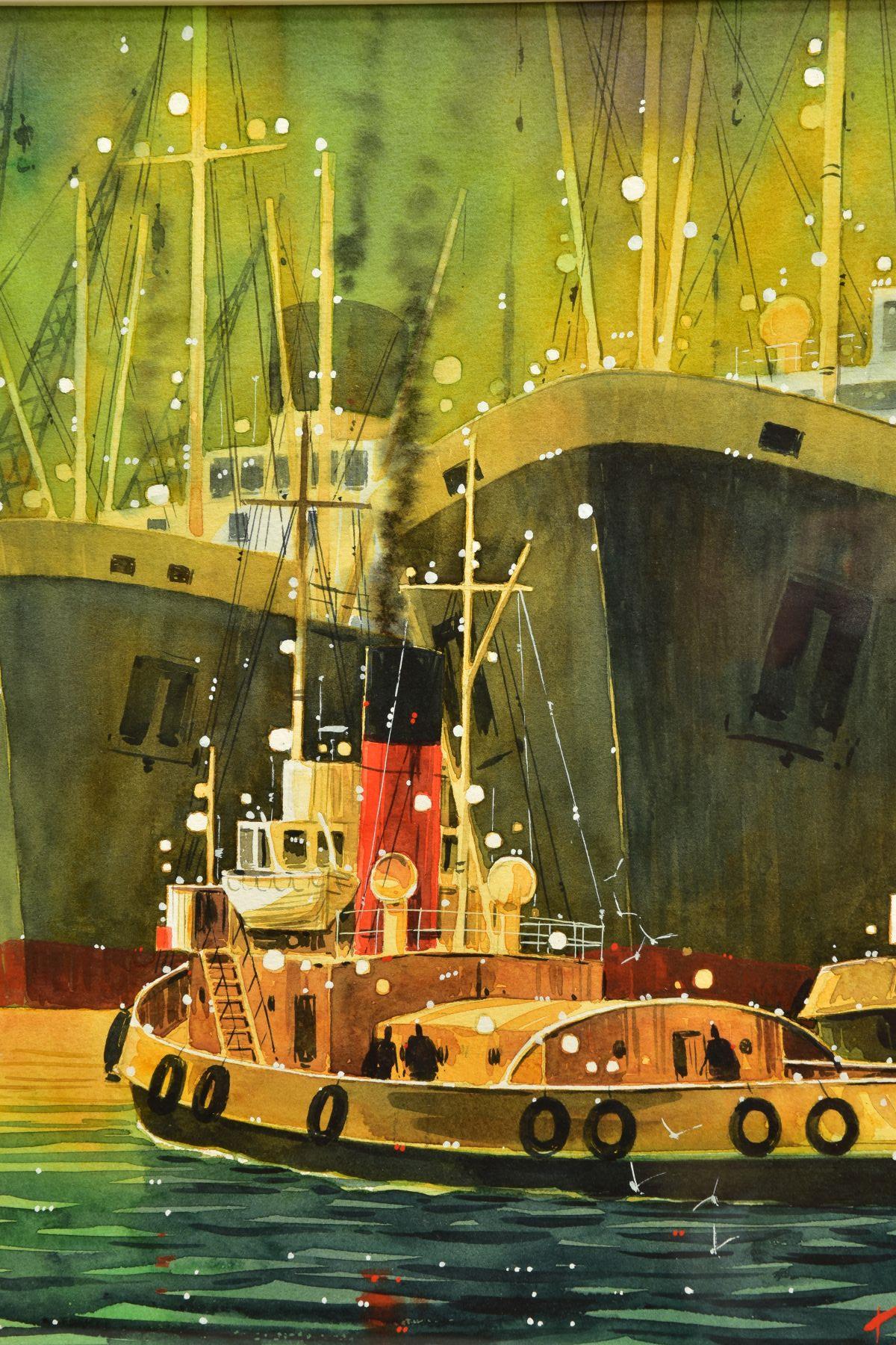 PETER J RODGERS (BRITISH CONTEMPORARY) 'MASTS AND FUNNELS', ships and tug boats in a harbour, signed - Image 2 of 8