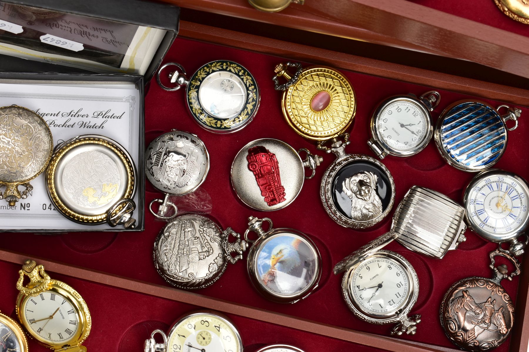 A WOODEN DISPLAY BOX OF NOVELTY POCKET WATCHES, wooden display box with three draws and a glass - Image 3 of 5