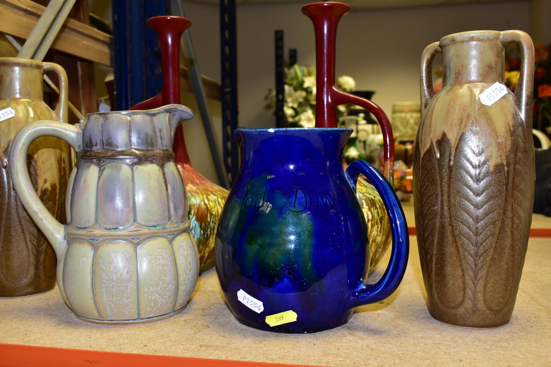 SIX CERAMIC VASES AND JUGS, comprising a pair of twin handle French Denbac vases with relief leaf - Image 2 of 9