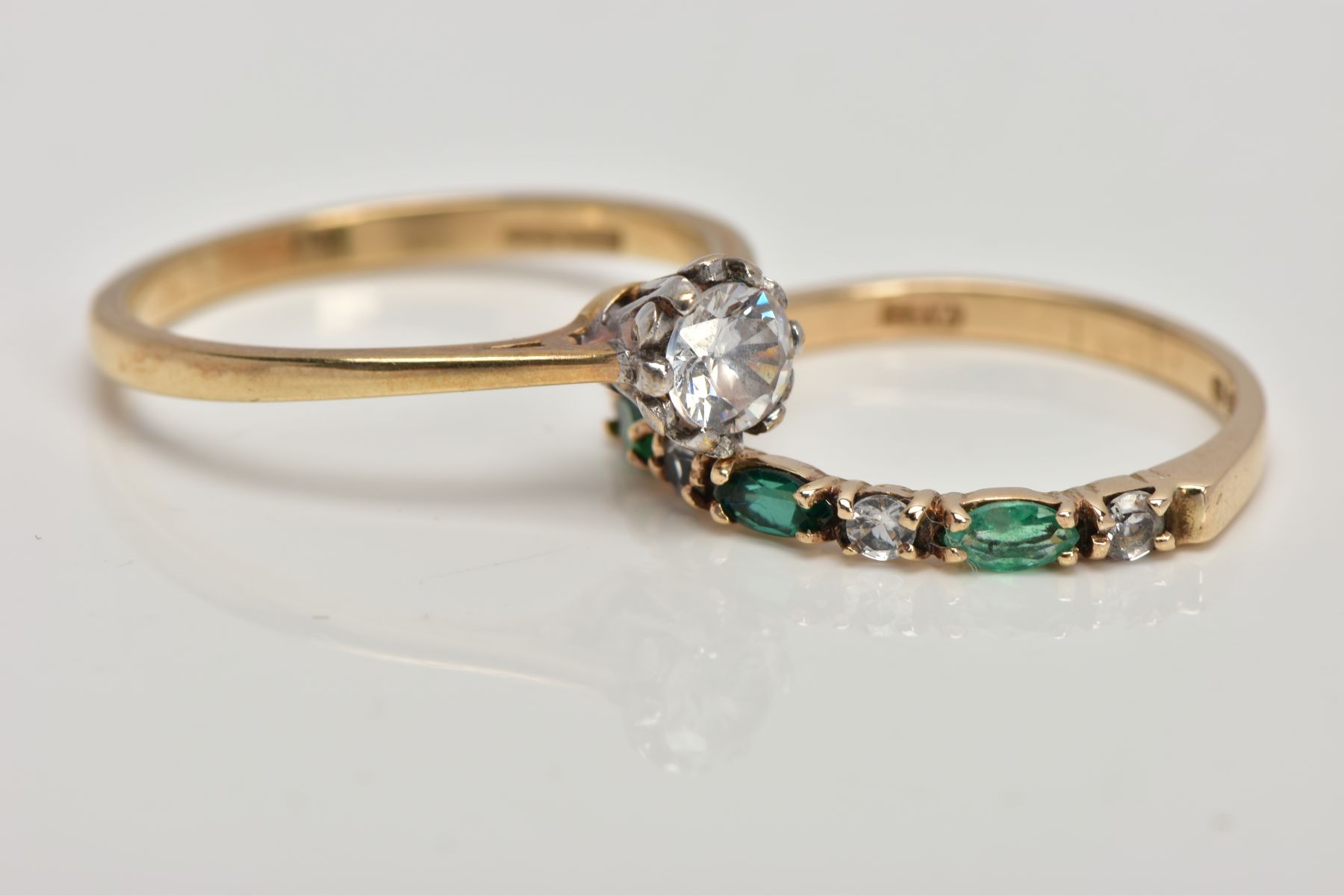 A 9CT GOLD DIAMOND AND EMERALD HALF ETERNITY RING AND A SINGLE STONE RING, the half eternity set - Image 2 of 3