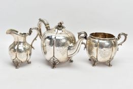 AN EARLY VICTORIAN, SILVER THREE-PIECE TEA SERVICE SET, comprising of a teapot, sugar bowl and