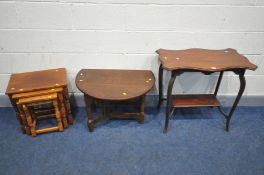 AN EDWARDIAN WALNUT OCCASIONAL TABLE, with a wavy top, along with an oak drop leaf occasional table,