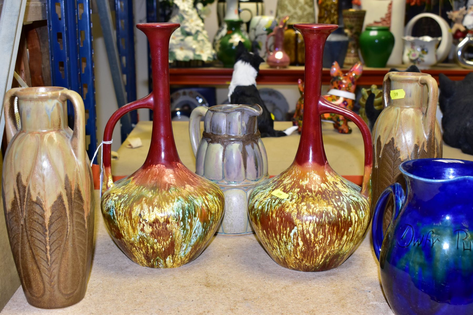 SIX CERAMIC VASES AND JUGS, comprising a pair of twin handle French Denbac vases with relief leaf - Image 4 of 9