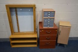 A MODERN CHEST OF THREE DRAWERS, a single door cabinet, two office drawers, glazed single door