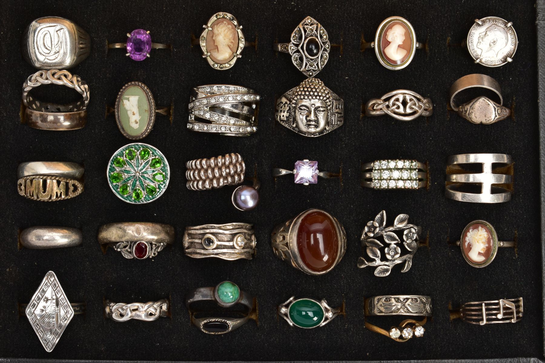 A RING DISPLAY BOX WITH RINGS, to include thirty-six white metal rings in total, of various styles