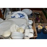 THREE BOXES AND LOOSE CERAMICS, CUTLERY, ETC, to include two dark grey Le Creuset 0.7 litre jugs,