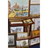 TWO BOXES OF FRAMED PICTURES, mostly landscapes, some original watercolours and oils by