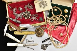 A SELECTION OF COSTUME JEWELLERY AND ITEMS, two small jewellery boxes with contents to include a
