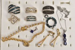 TEN ITEMS OF SILVER GEM SET JEWELLERY, to include five diamond set rings, a circular treated blue