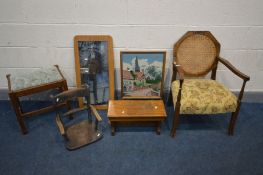 A STAINED BEECH BERGERE BACK OPEN ARMCHAIR, a beech stool, oak framed needlework fire screen, wall