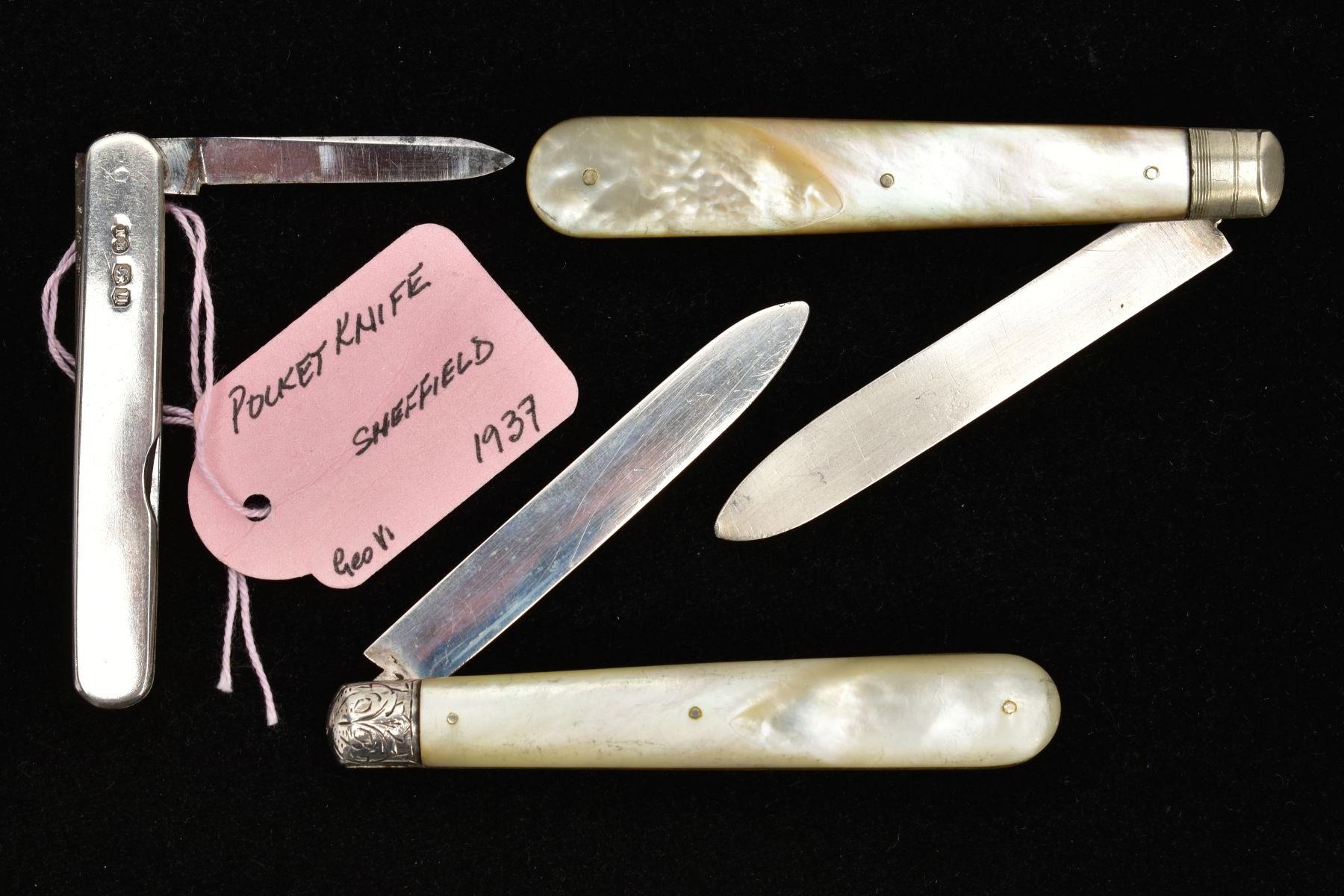 THREE SILVER FRUIT KNIVES, the first fitted with a mother of pearl handle, engraved floral design to - Image 2 of 2