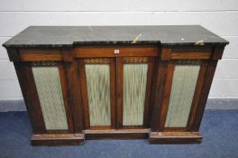 A DISTRESSED REGENCY ROSEWOOD AND MARQUETRY BRASS INLAID INVERTED BREAKFRONT SIDEBOARD, with a green