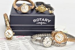 A LADY'S 9CT GOLD ROTARY WRISTWATCH AND FOUR OTHERS, hand wound movement, round silver dial,