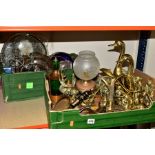 TWO BOXES OF METALWARES, to include three brass figures of miners, two on wooden bases, one with