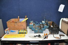 A WOODEN TOOLBOX AND TWO METAL TOOLBOXES including a Stanley no220 plane a brace drill, a