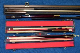 THREE CASED SNOOKER CUES AND CUE EXTENDERS, comprising Knight by Burroughes and Watts, a C.C. Ltd
