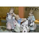 THREE LLADRO SCULPTURES, comprising 'Bashful Bather' 5455, a girl washing a dog, height