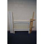 A MODERN WHITE FINISH 4FT6 BEDSTEAD, with side rails, pine slats and bolts