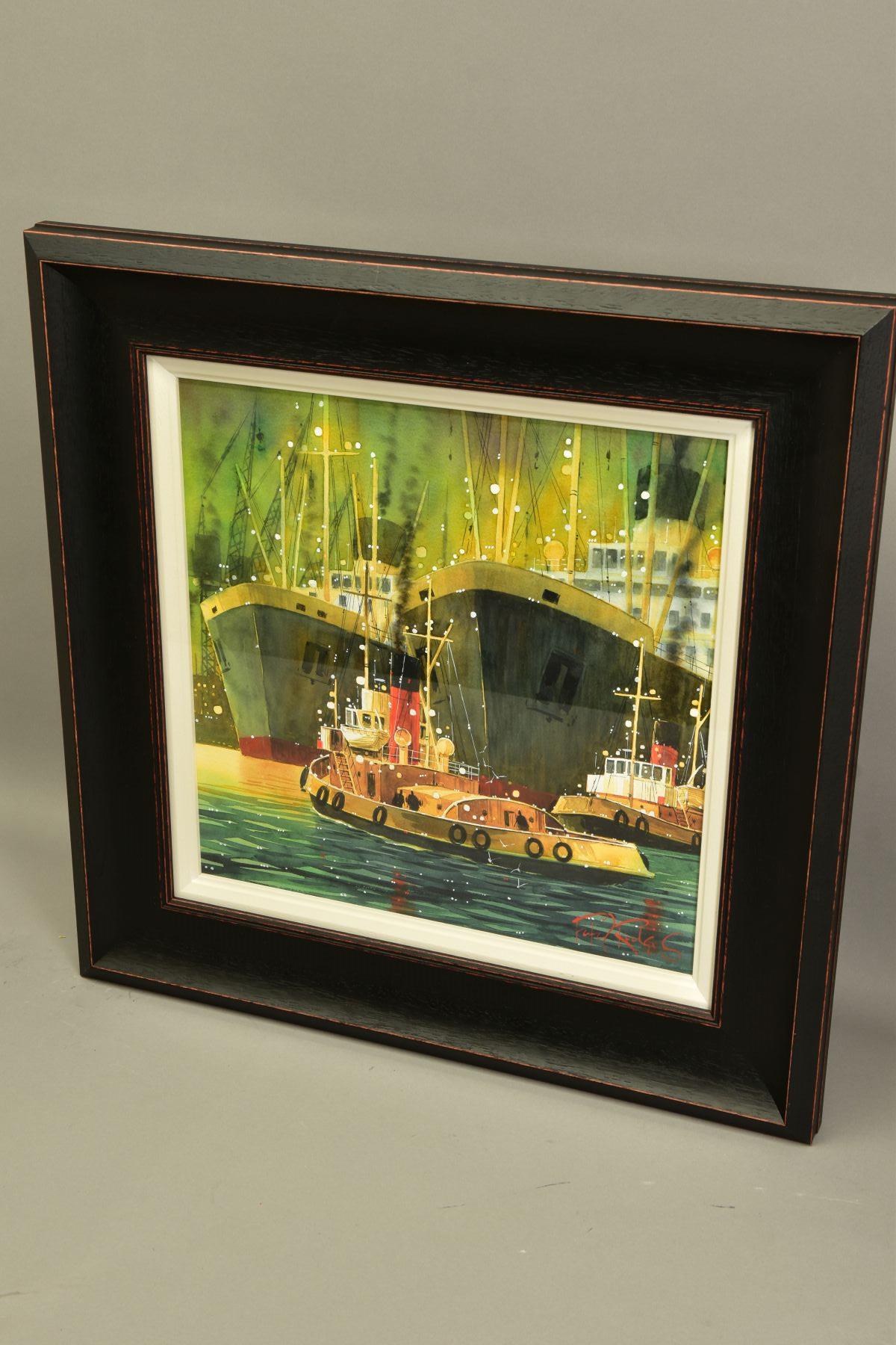 PETER J RODGERS (BRITISH CONTEMPORARY) 'MASTS AND FUNNELS', ships and tug boats in a harbour, signed - Image 4 of 8
