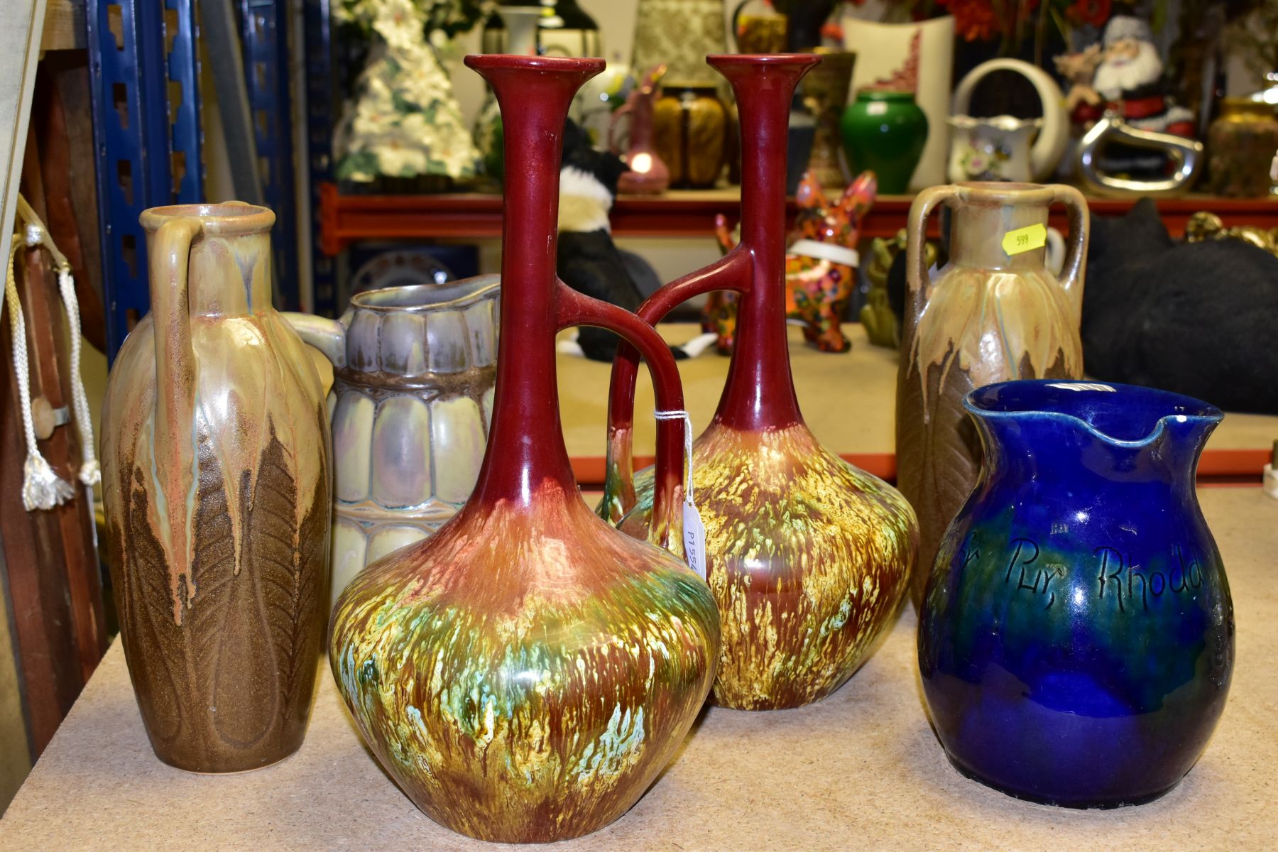 SIX CERAMIC VASES AND JUGS, comprising a pair of twin handle French Denbac vases with relief leaf - Image 8 of 9