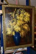 A LATE 19TH/EARLY 20TH CENTURY STILL LIFE STUDY OF FLOWERING MIMOSA IN A BLUE VASE, no visible