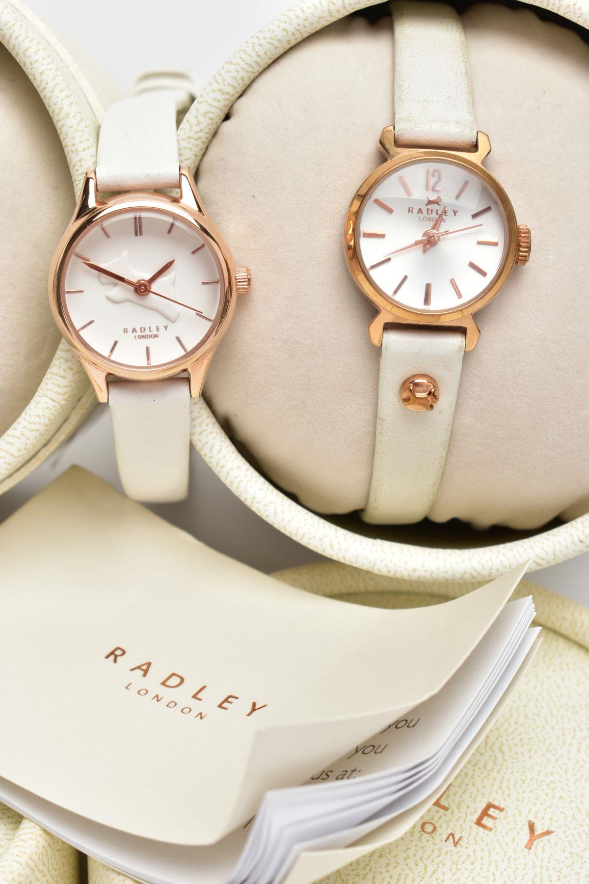 A SELECTION OF RADLEY WATCHES, one white and rose gold coloured watch, white watch face featuring - Image 2 of 4