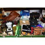 FOUR BOXES AND LOOSE CERAMICS, CAMERAS, TREEN, PICTURES, ETC, including Astralite and Wray