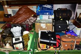 FOUR BOXES AND LOOSE CERAMICS, CAMERAS, TREEN, PICTURES, ETC, including Astralite and Wray