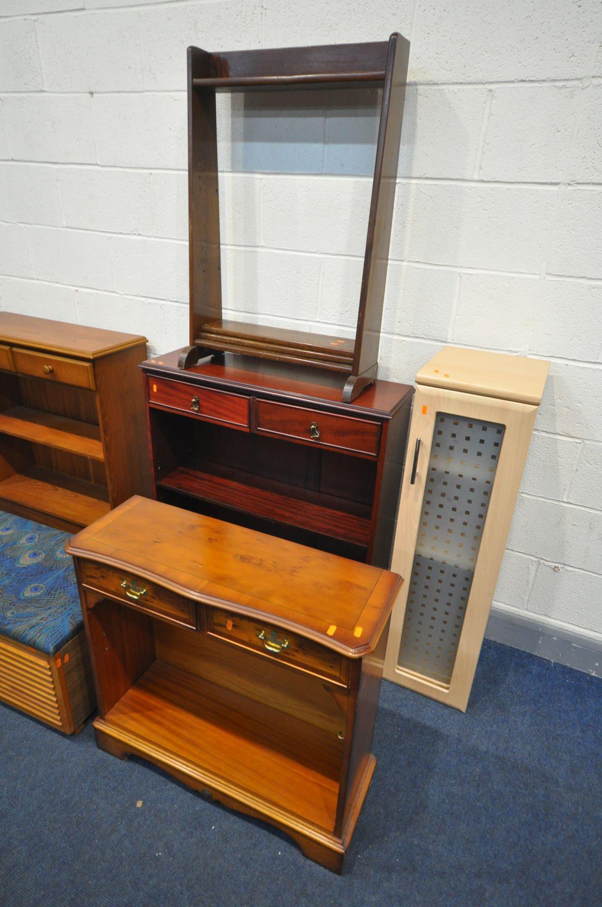 FOUR VARIOUS OPEN BOOKCASES, three bookcases with drawers, an open bookcase with two shelves ( - Image 2 of 3